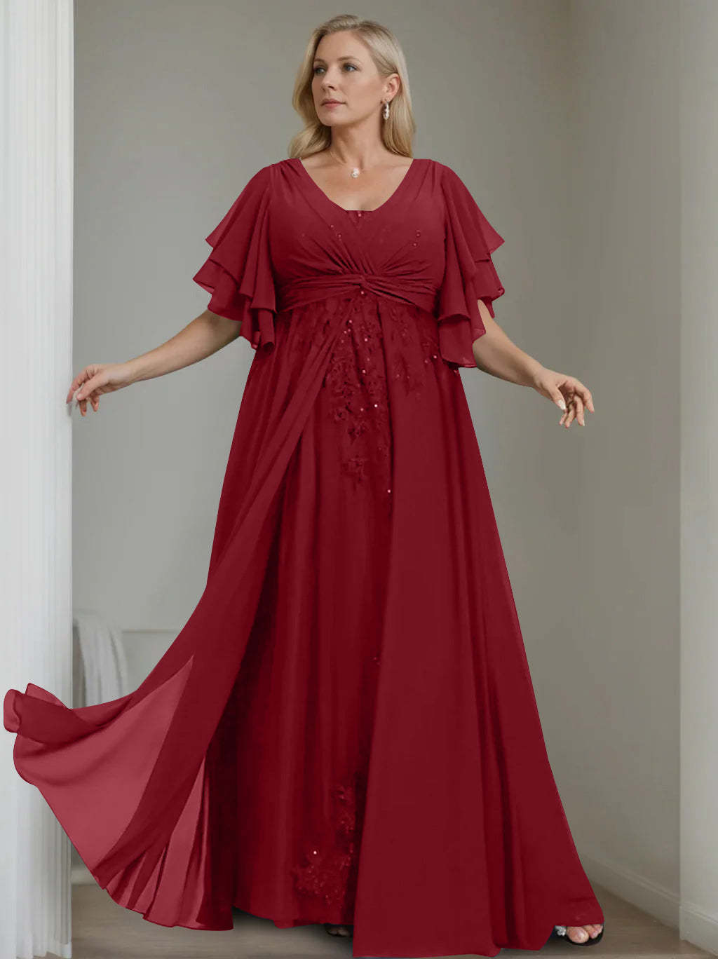 Unique Plus Size V-Neck A-Line Princess Floor-Length Mother of the Bride Dress with Sequins and Half Sleeve Ruffles-BMbridal