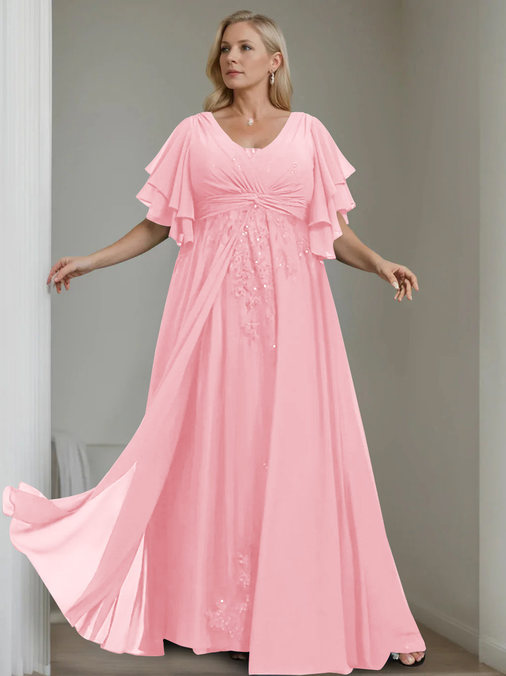 Unique Plus Size V-Neck A-Line Princess Floor-Length Mother of the Bride Dress with Sequins and Half Sleeve Ruffles-BMbridal