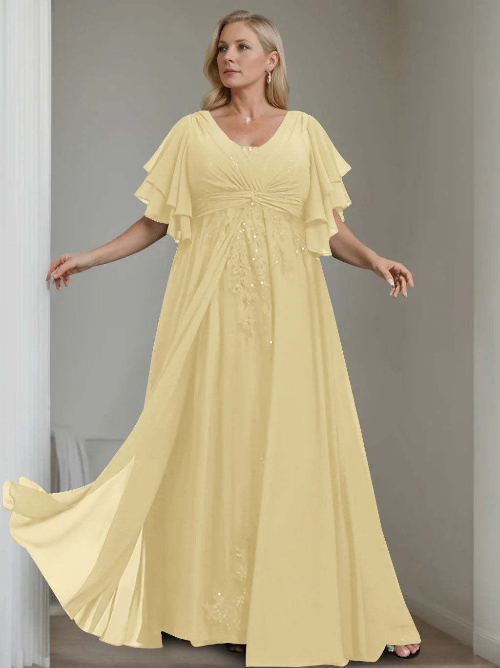 Unique Plus Size V-Neck A-Line Princess Floor-Length Mother of the Bride Dress with Sequins and Half Sleeve Ruffles-BMbridal