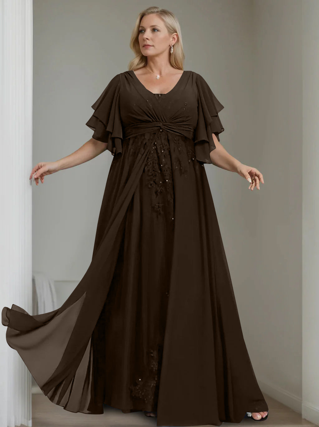 Unique Plus Size V-Neck A-Line Princess Floor-Length Mother of the Bride Dress with Sequins and Half Sleeve Ruffles-BMbridal