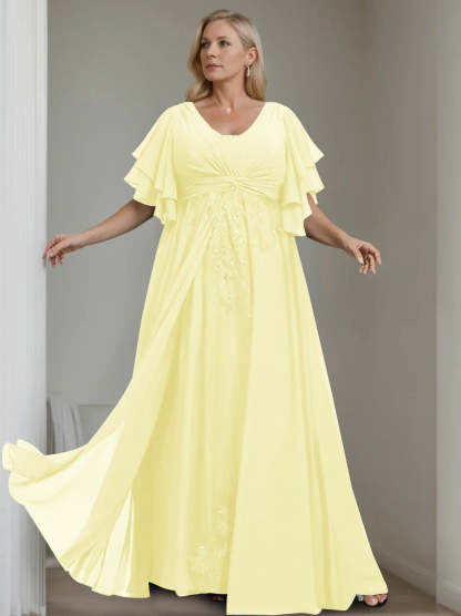 Unique Plus Size V-Neck A-Line Princess Floor-Length Mother of the Bride Dress with Sequins and Half Sleeve Ruffles-BMbridal