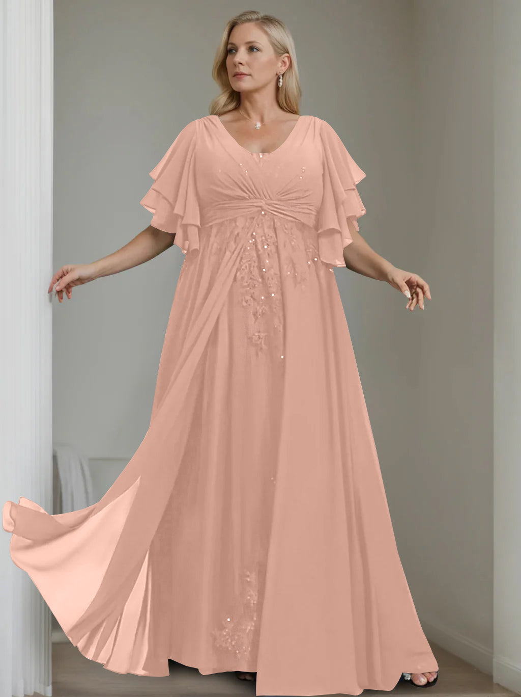 Unique Plus Size V-Neck A-Line Princess Floor-Length Mother of the Bride Dress with Sequins and Half Sleeve Ruffles-BMbridal