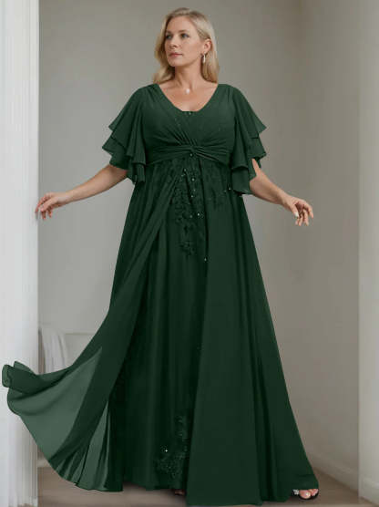 Unique Plus Size V-Neck A-Line Princess Floor-Length Mother of the Bride Dress with Sequins and Half Sleeve Ruffles-BMbridal