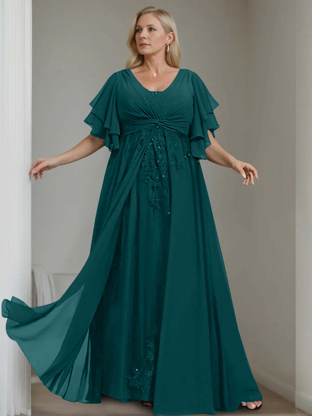 Unique Plus Size V-Neck A-Line Princess Floor-Length Mother of the Bride Dress with Sequins and Half Sleeve Ruffles-BMbridal