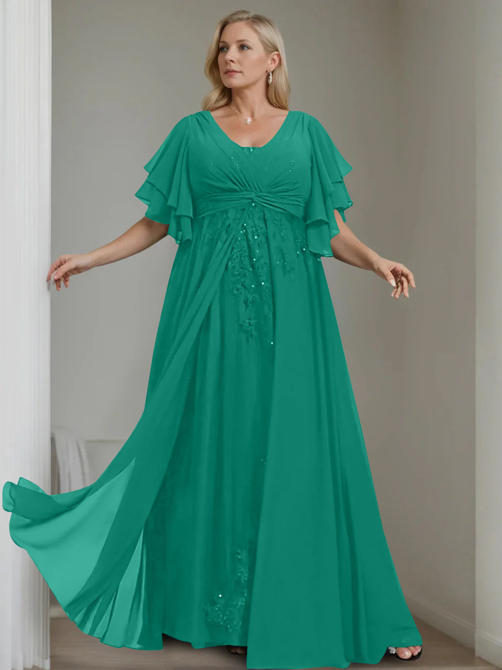 Unique Plus Size V-Neck A-Line Princess Floor-Length Mother of the Bride Dress with Sequins and Half Sleeve Ruffles-BMbridal