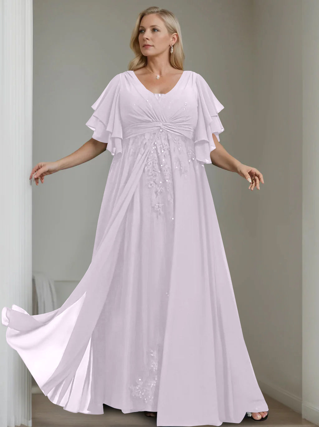 Unique Plus Size V-Neck A-Line Princess Floor-Length Mother of the Bride Dress with Sequins and Half Sleeve Ruffles-BMbridal