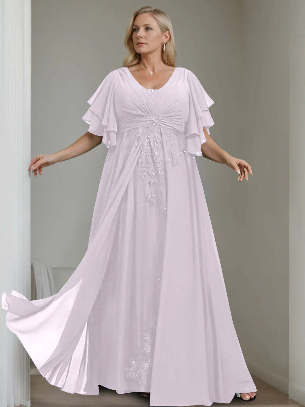 Unique Plus Size V-Neck A-Line Princess Floor-Length Mother of the Bride Dress with Sequins and Half Sleeve Ruffles-BMbridal