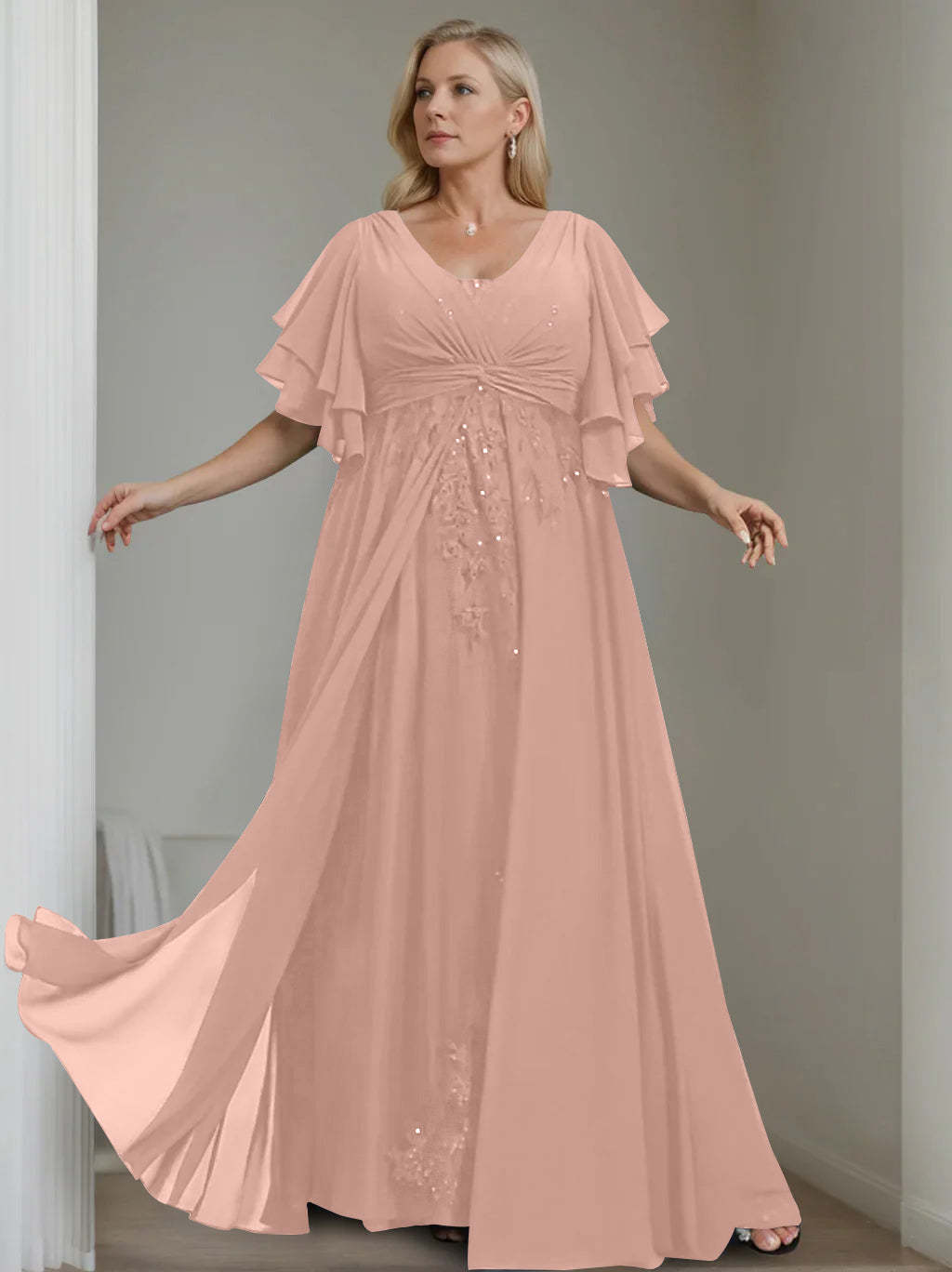 Unique Plus Size V-Neck A-Line Princess Floor-Length Mother of the Bride Dress with Sequins and Half Sleeve Ruffles-BMbridal
