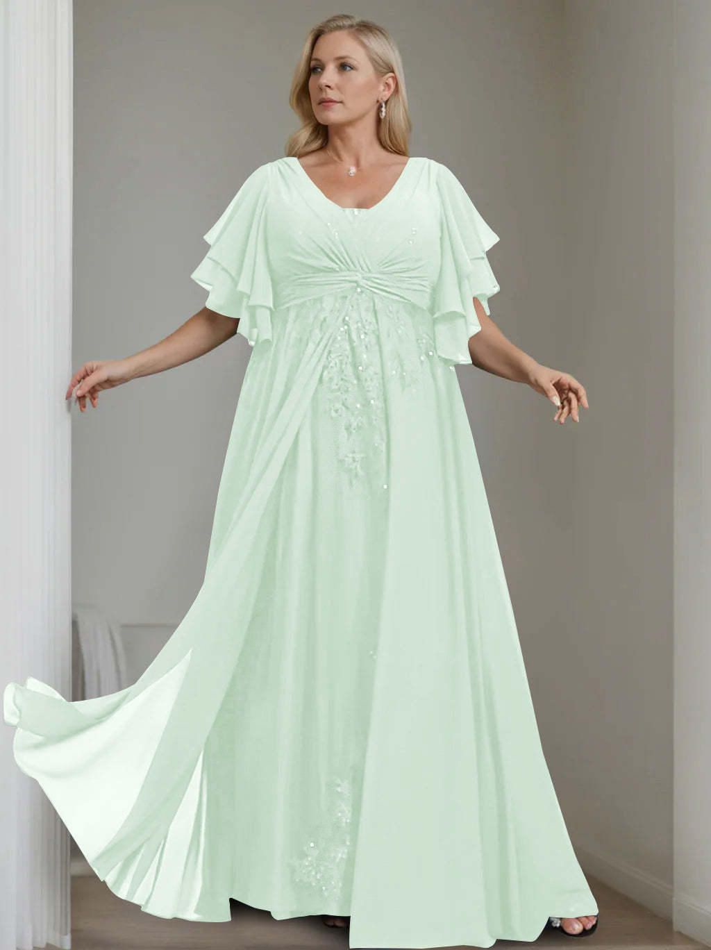 Unique Plus Size V-Neck A-Line Princess Floor-Length Mother of the Bride Dress with Sequins and Half Sleeve Ruffles-BMbridal