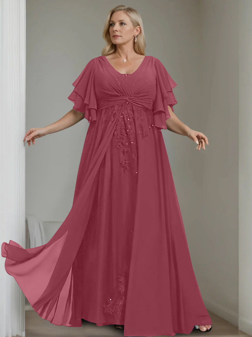 Unique Plus Size V-Neck A-Line Princess Floor-Length Mother of the Bride Dress with Sequins and Half Sleeve Ruffles-BMbridal