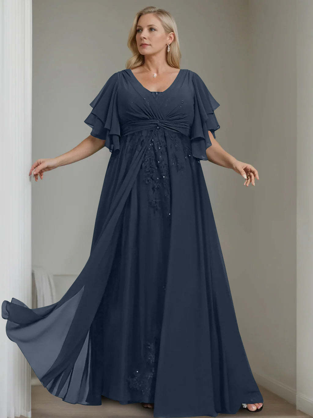 Unique Plus Size V-Neck A-Line Princess Floor-Length Mother of the Bride Dress with Sequins and Half Sleeve Ruffles-BMbridal