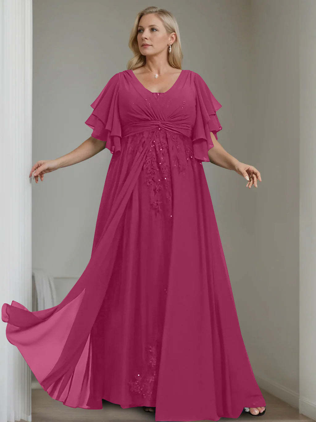 Unique Plus Size V-Neck A-Line Princess Floor-Length Mother of the Bride Dress with Sequins and Half Sleeve Ruffles-BMbridal