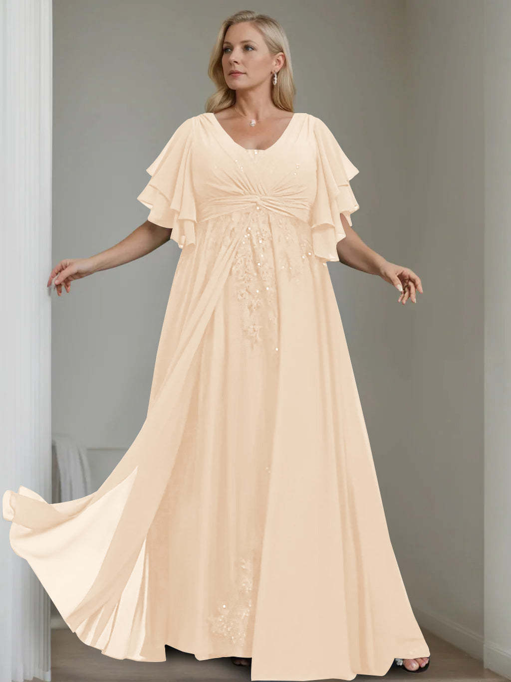 Unique Plus Size V-Neck A-Line Princess Floor-Length Mother of the Bride Dress with Sequins and Half Sleeve Ruffles-BMbridal