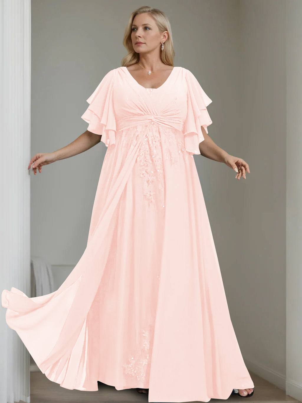 Unique Plus Size V-Neck A-Line Princess Floor-Length Mother of the Bride Dress with Sequins and Half Sleeve Ruffles-BMbridal