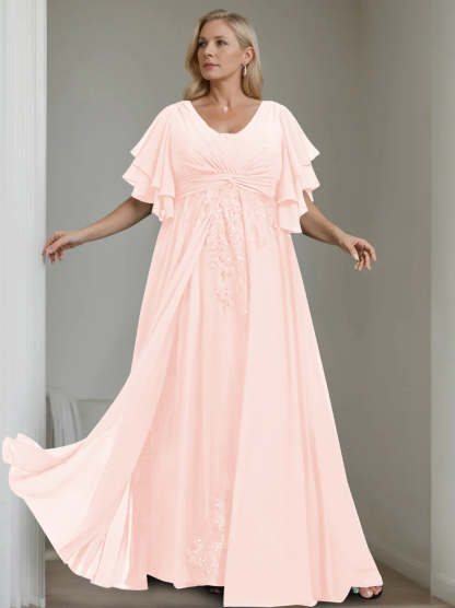 Unique Plus Size V-Neck A-Line Princess Floor-Length Mother of the Bride Dress with Sequins and Half Sleeve Ruffles-BMbridal