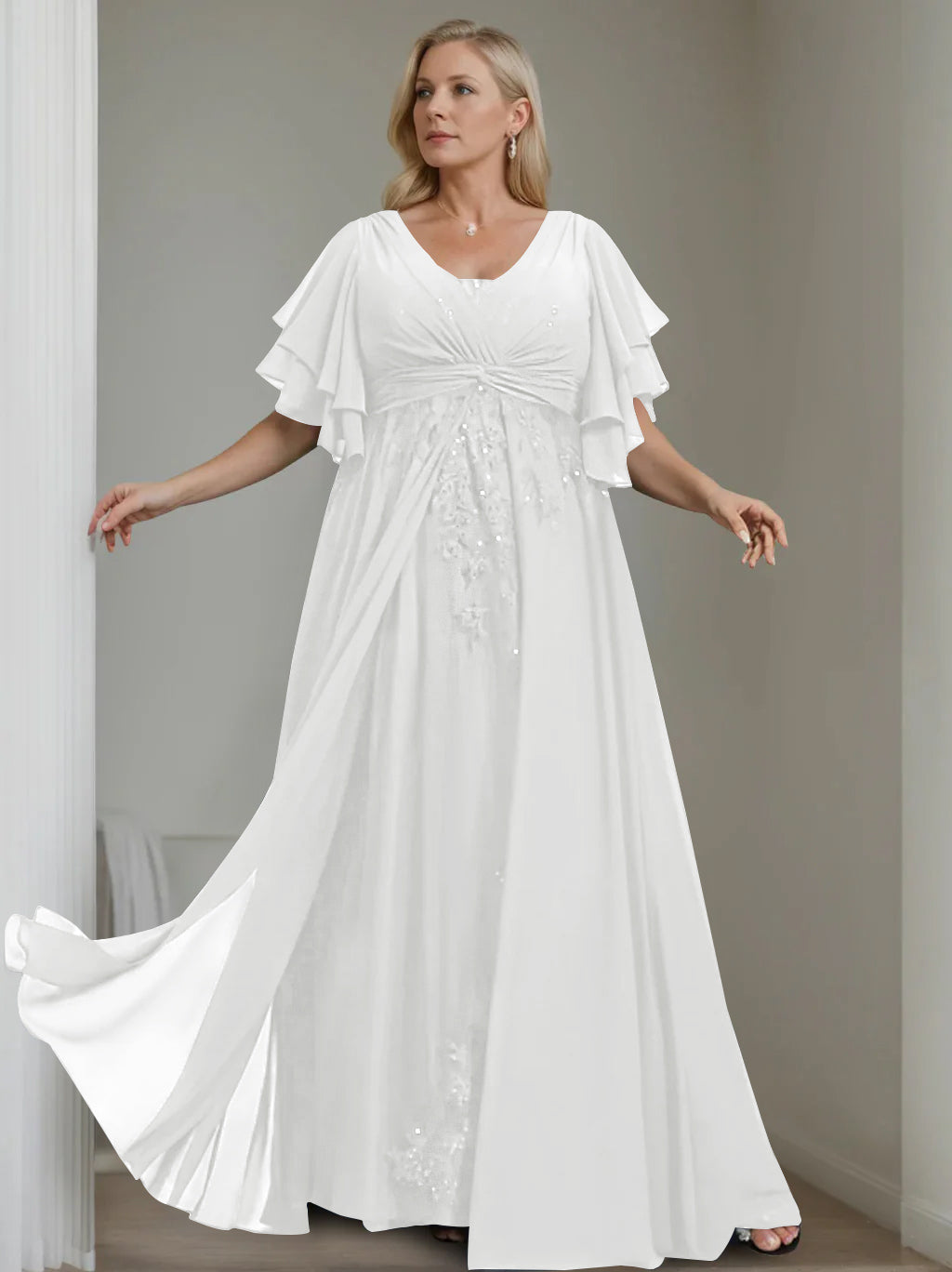 Unique Plus Size V-Neck A-Line Princess Floor-Length Mother of the Bride Dress with Sequins and Half Sleeve Ruffles-BMbridal