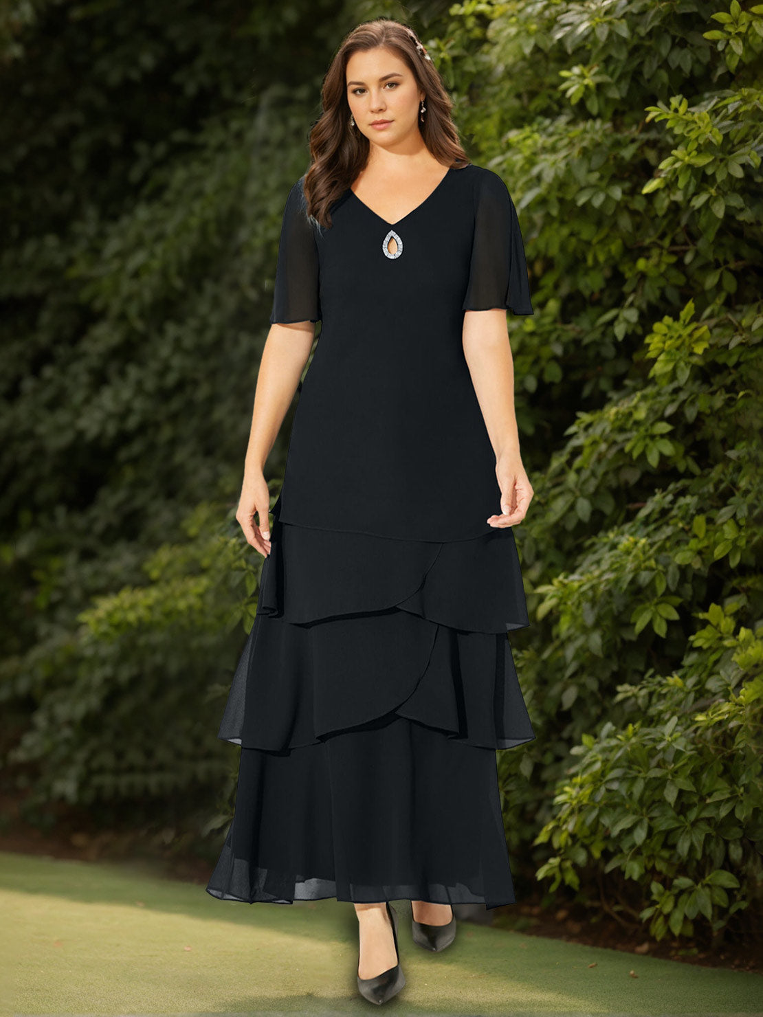 Plus Size V-Neck A-Line Princess Ankle-Length Mother Of The Bride/Groom Dress with Sequins and Ruffles-BMbridal