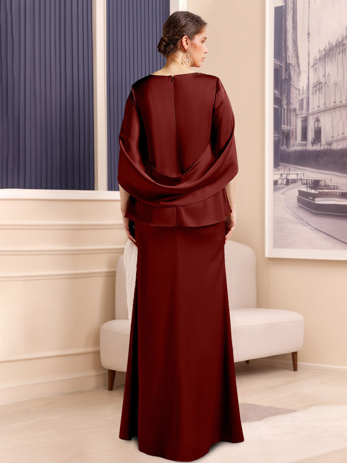 Scoop Neck Sheath Dress with Half Sleeves in Stretch Satin for Plus-Size Mothers-BMbridal