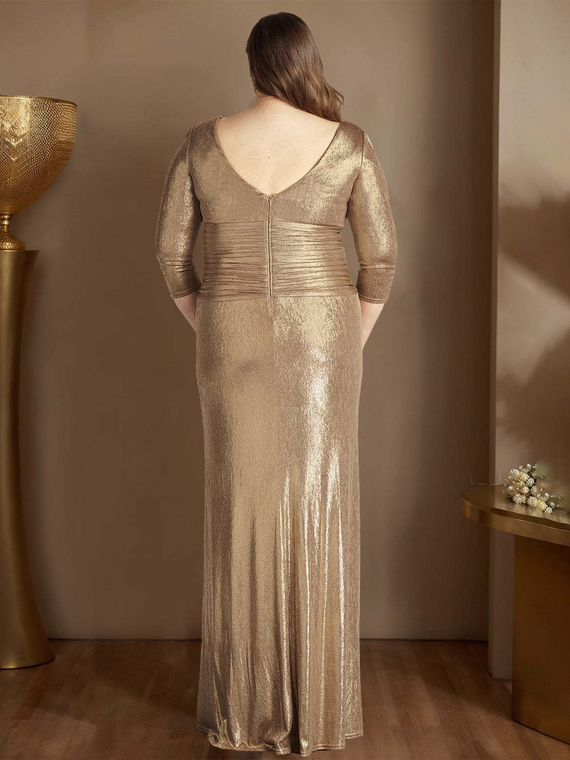 Princess A-Line V-Neck Floor-Length Plus Size Mother of the Bride Dress with 3/4 Sleeves and Ruffles