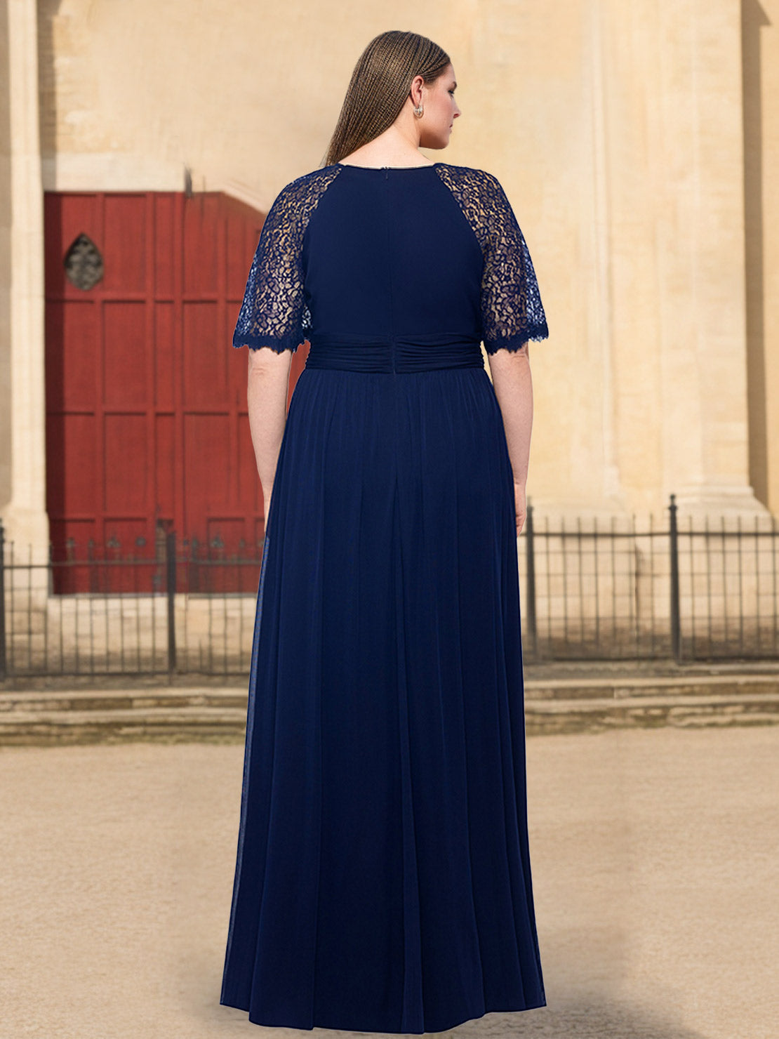 Plus Size Floor-Length Mother of the Bride A-Line Dress with Scoop Neck Half Sleeves Ruffles and Lace-BMbridal
