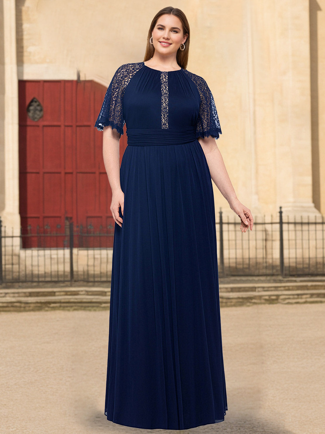 Plus Size Floor-Length Mother of the Bride A-Line Dress with Scoop Neck Half Sleeves Ruffles and Lace-BMbridal