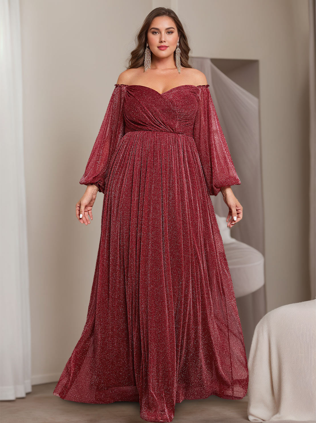 Princess A-Line Off-the-Shoulder Floor-Length Plus Size Mother of the Bride Dress with Long Sleeves and Ruffles-BMbridal