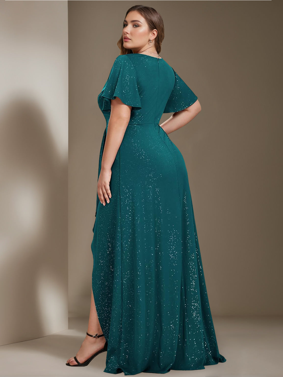 Plus Size Asymmetrical A-Line Princess Dress with Deep V-Neck and Ruffled Short Sleeves-BMbridal