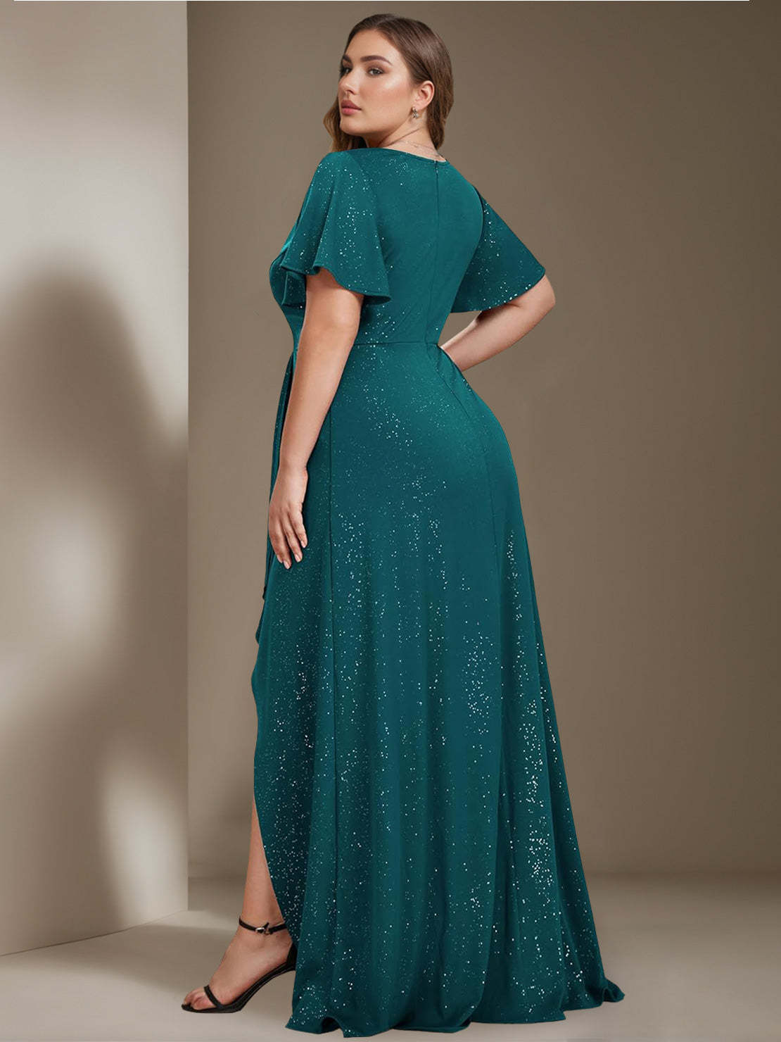 Plus Size Asymmetrical A-Line Princess Dress with Deep V-Neck and Ruffled Short Sleeves-BMbridal