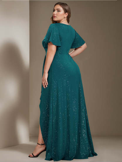 Plus Size Asymmetrical A-Line Princess Dress with Deep V-Neck and Ruffled Short Sleeves-BMbridal