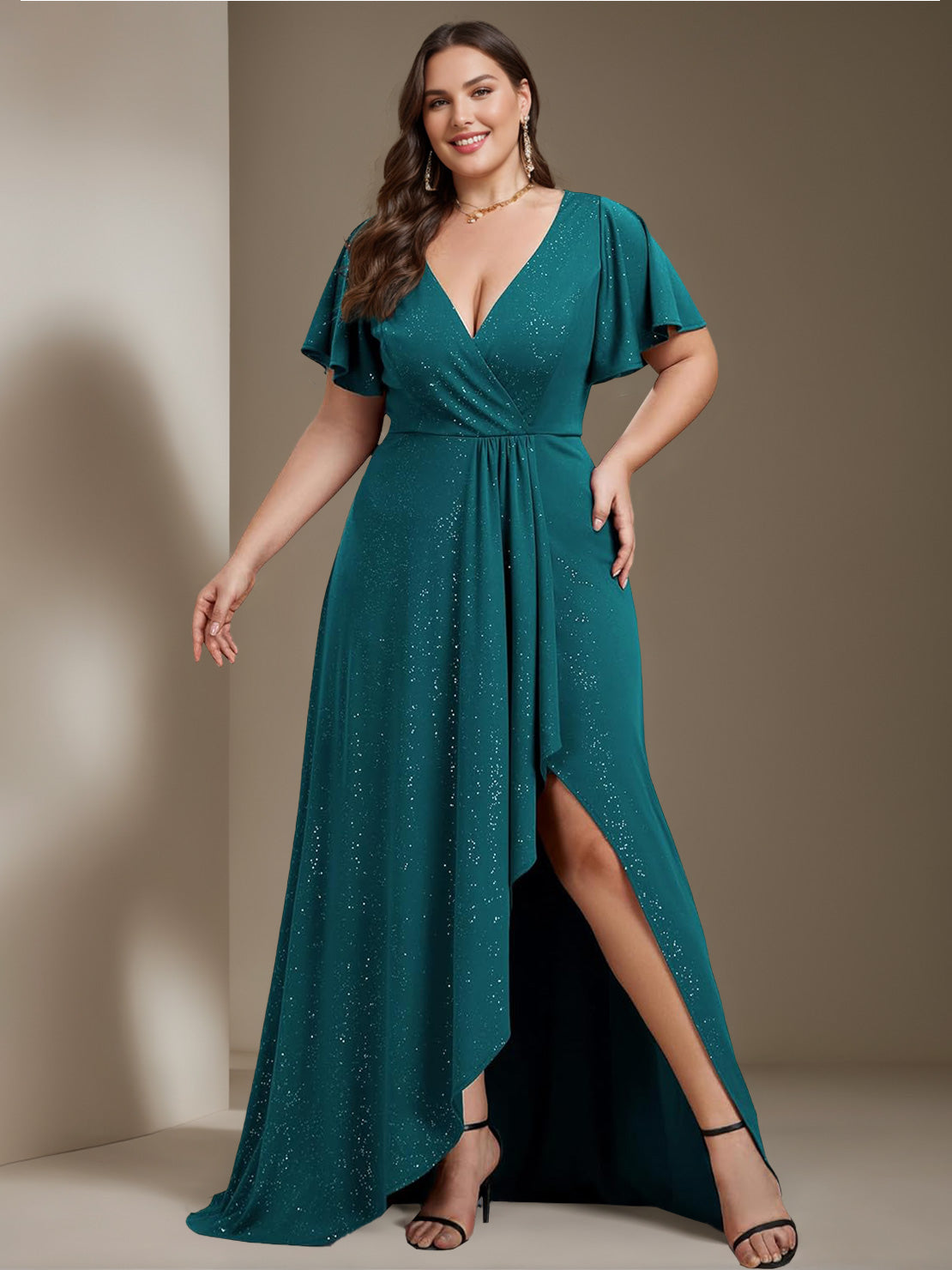 Plus Size Asymmetrical A-Line Princess Dress with Deep V-Neck and Ruffled Short Sleeves-BMbridal