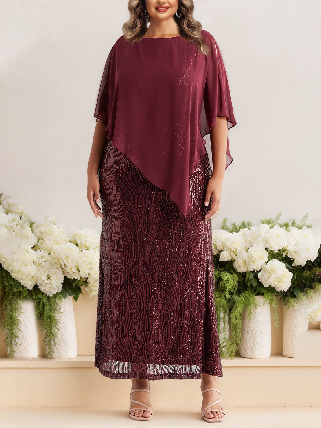 Plus Size Sequined A-Line Mother of the Bride Dress with Scoop Neck and Half Sleeves-BMbridal