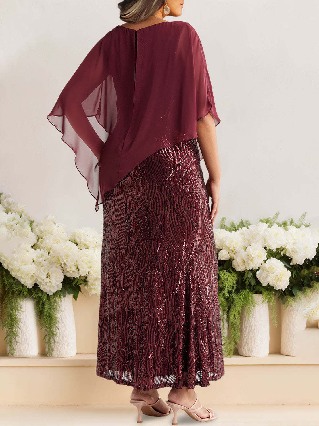 Plus Size Sequined A-Line Mother of the Bride Dress with Scoop Neck and Half Sleeves-BMbridal