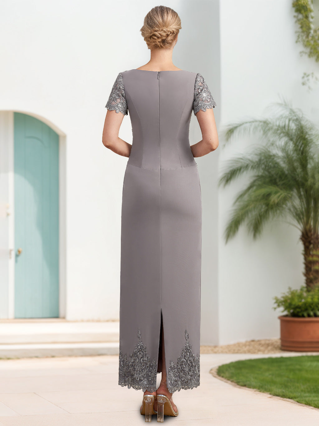 Scoop Neck Short Sleeve Ankle-Length Sheath/Column Mother of the Bride Dress with Appliques-BMbridal