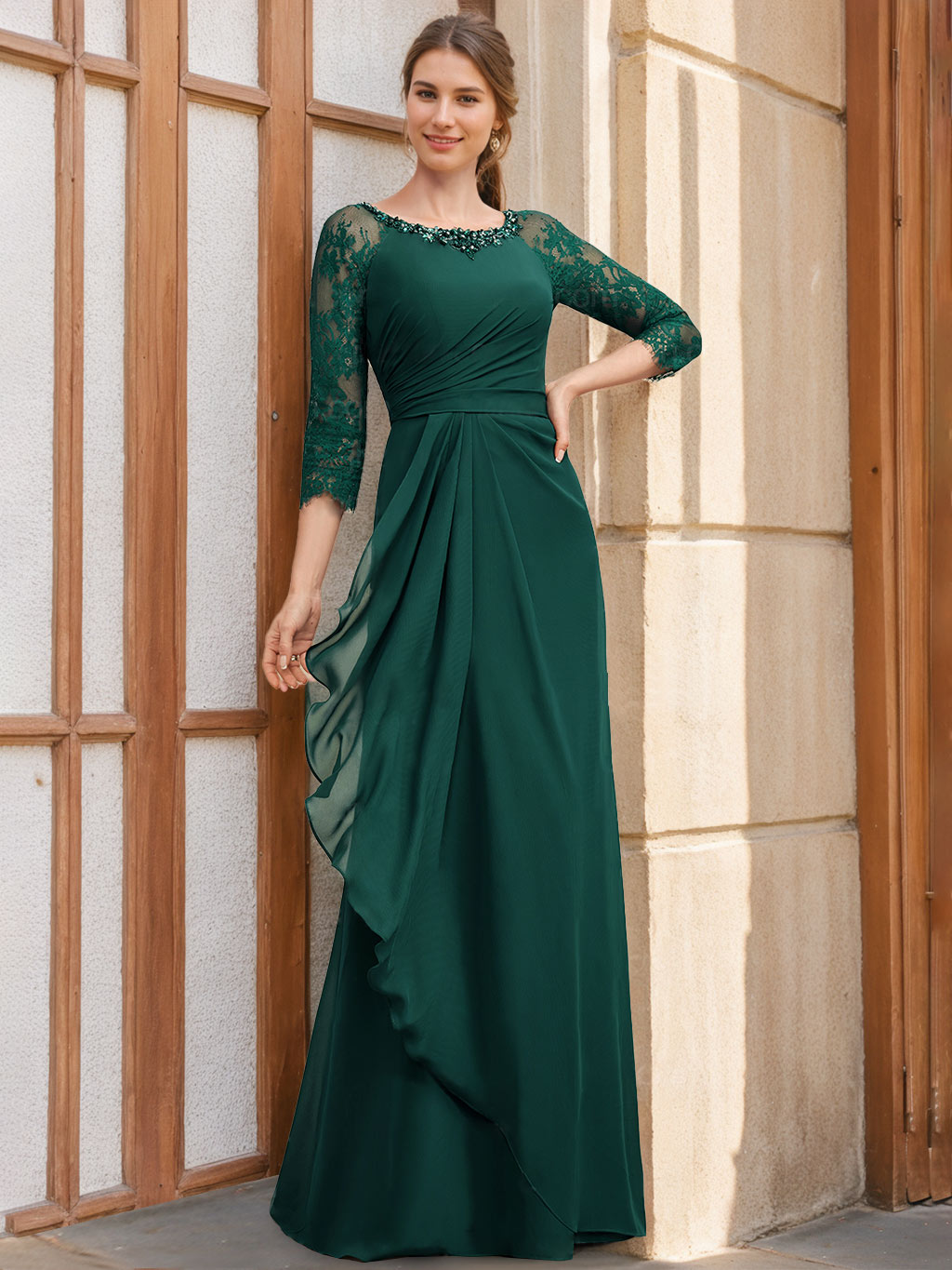 Princess A-Line Floor-Length Mother of the Bride Dresses with Scoop Neck 3/4 Sleeves Sequins Ruffles & Appliques-BMbridal