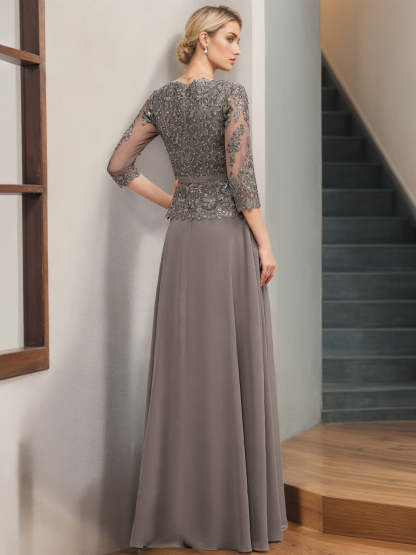 Princess A-Line V-Neck Floor-Length Mother of the Bride Dress with 3/4 Sleeves Appliques & Sequins-BMbridal