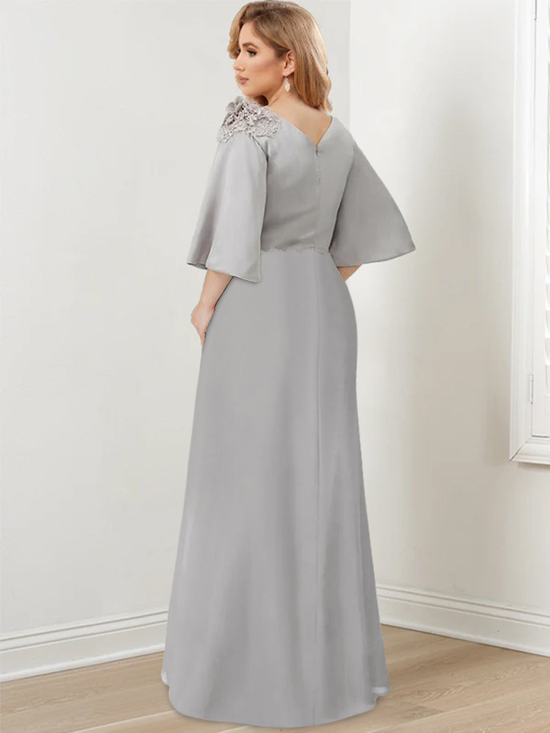 Floor-Length A-Line Princess Gown with Scoop Neck and 3/4 Ruffled Sleeves for the Mother of the Bride
