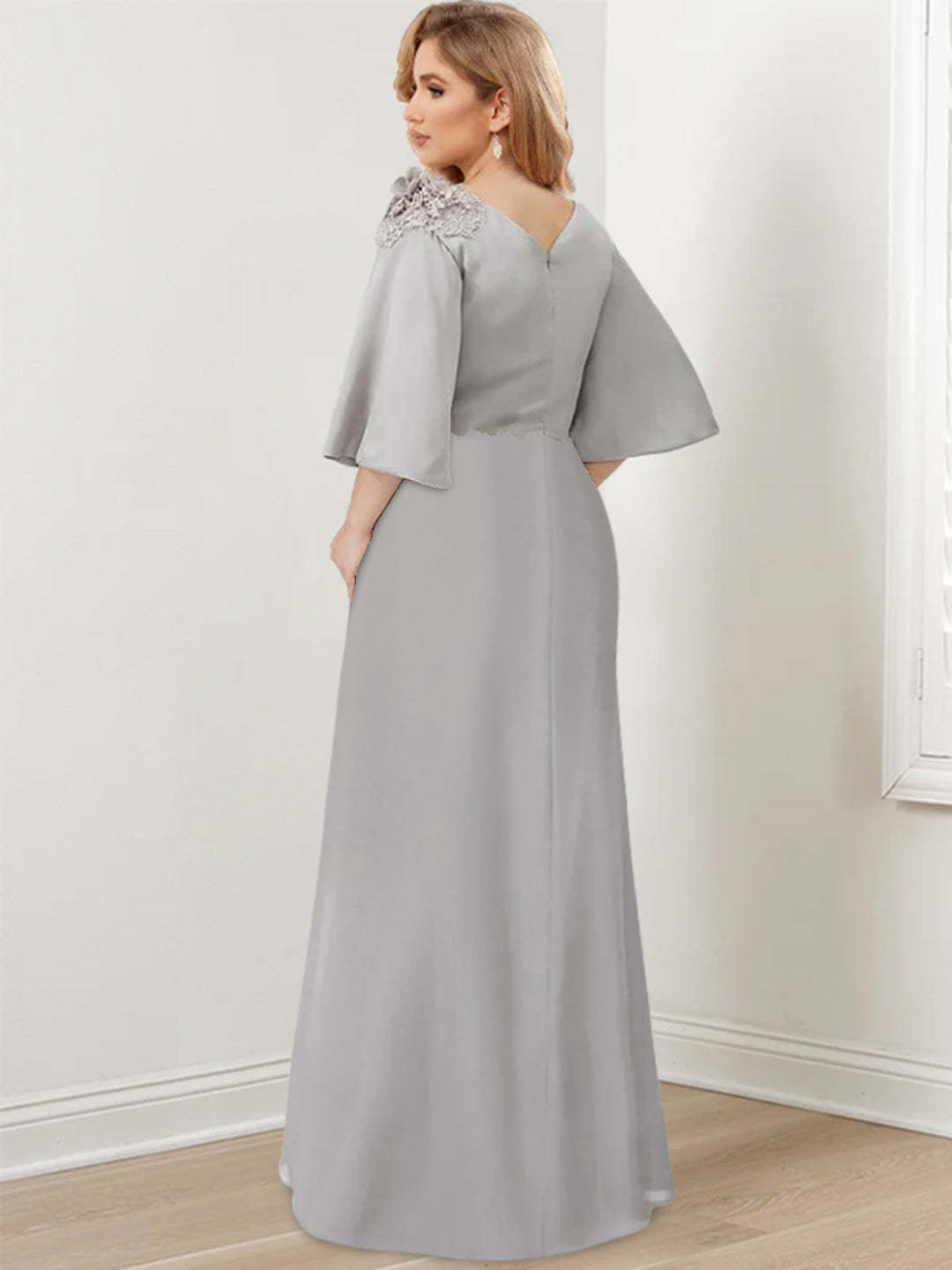 Floor-Length A-Line Princess Gown with Scoop Neck and 3/4 Ruffled Sleeves for the Mother of the Bride