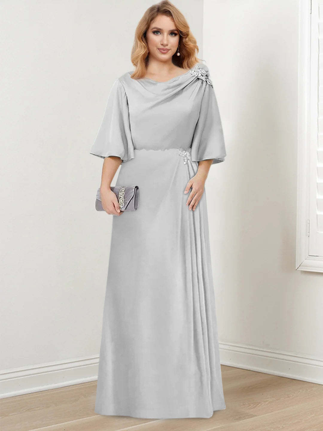 Floor-Length A-Line Princess Gown with Scoop Neck and 3/4 Ruffled Sleeves for the Mother of the Bride