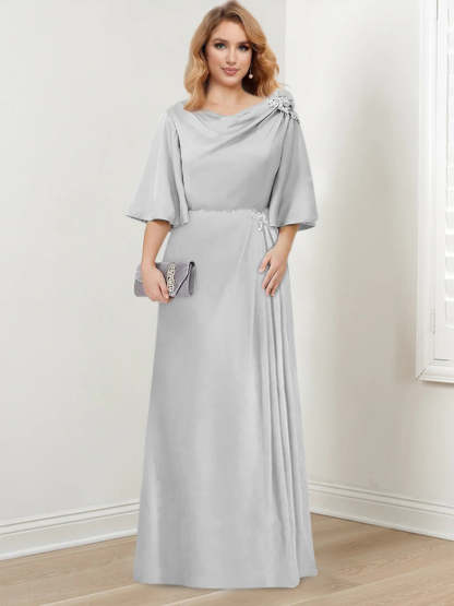 Floor-Length A-Line Princess Gown with Scoop Neck and 3/4 Ruffled Sleeves for the Mother of the Bride