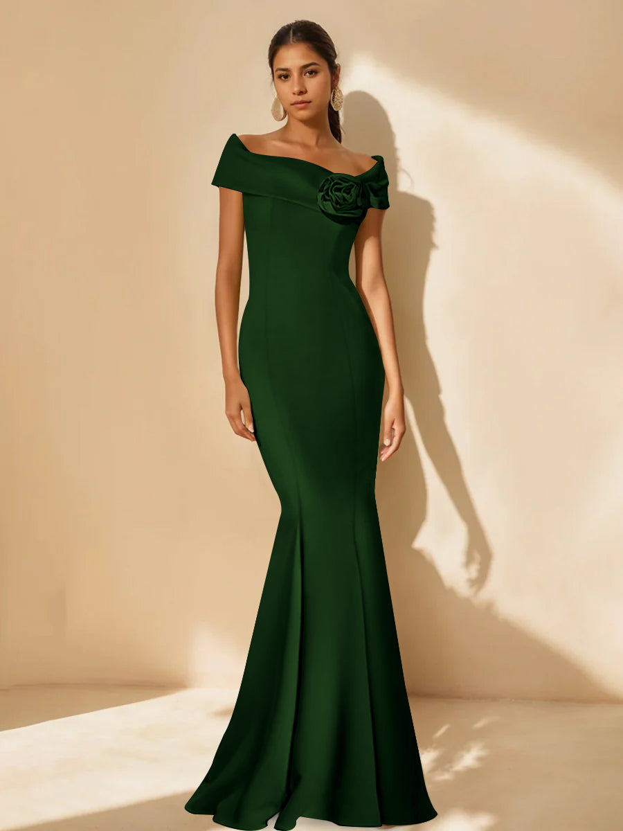Minimalist Off-the-Shoulder Mother of the Bride Dresses in Trumpet/Mermaid Style with Detachable Flower-BMbridal