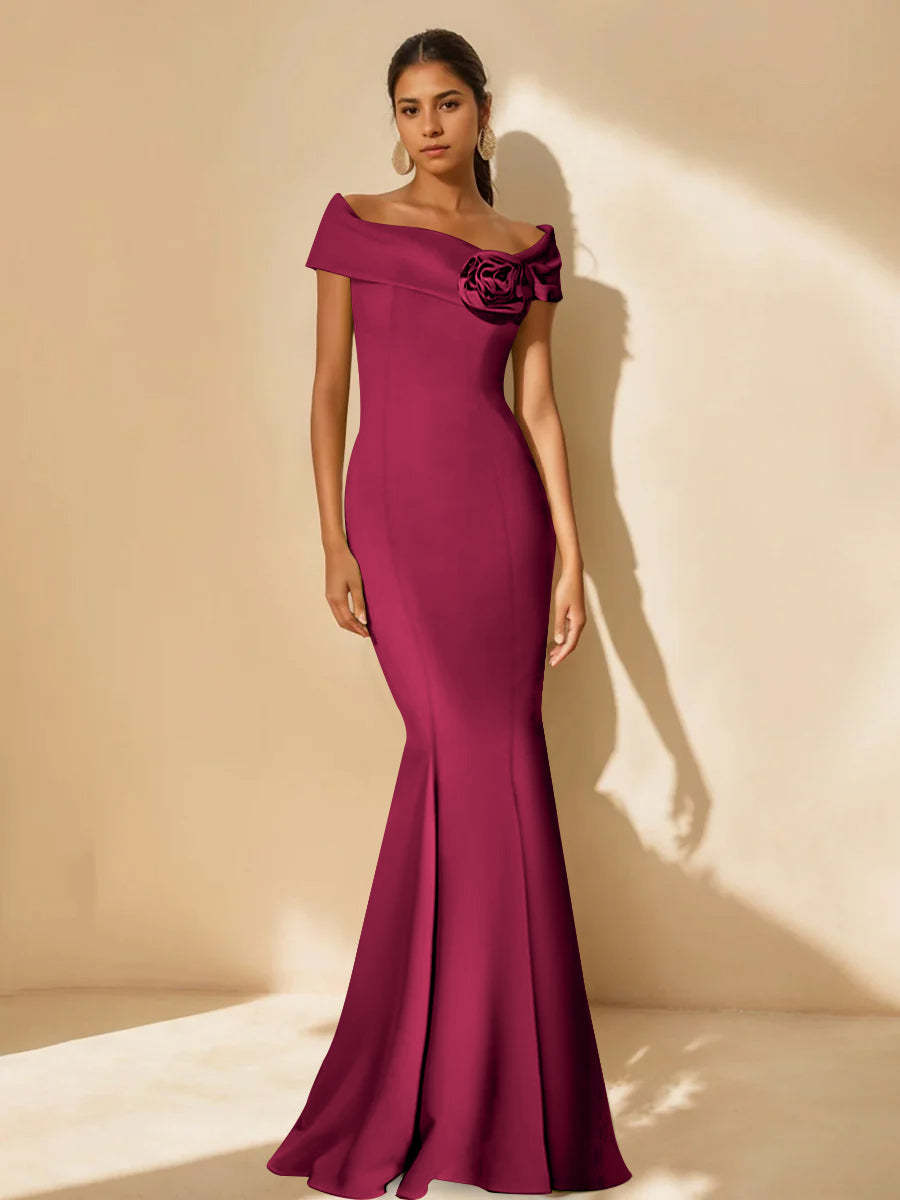 Minimalist Off-the-Shoulder Mother of the Bride Dresses in Trumpet/Mermaid Style with Detachable Flower-BMbridal