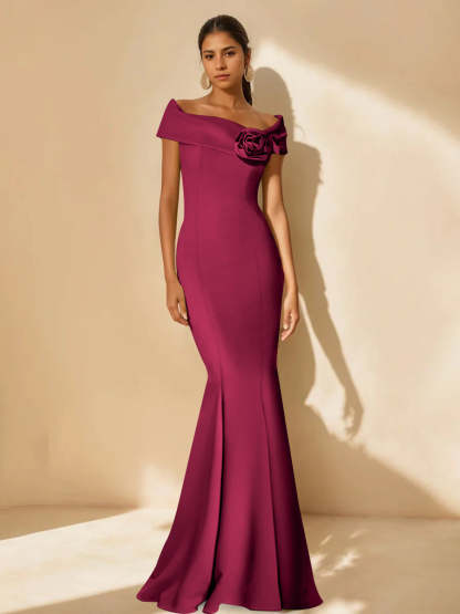 Minimalist Off-the-Shoulder Mother of the Bride Dresses in Trumpet/Mermaid Style with Detachable Flower-BMbridal