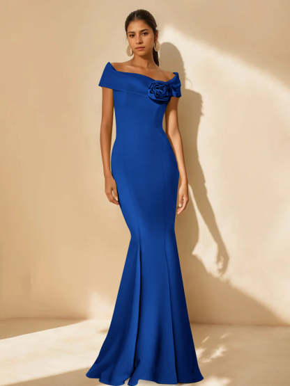 Minimalist Off-the-Shoulder Mother of the Bride Dresses in Trumpet/Mermaid Style with Detachable Flower-BMbridal