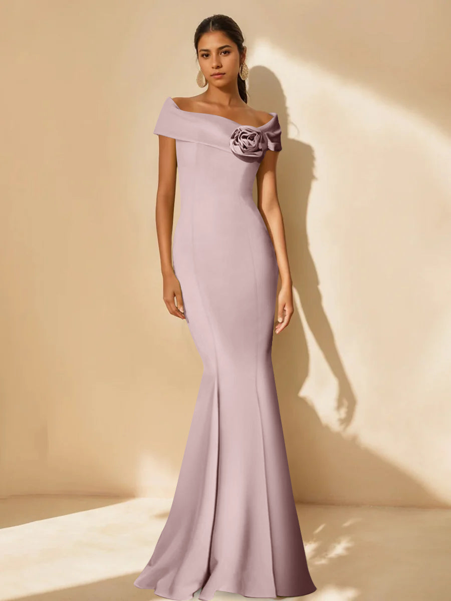 Minimalist Off-the-Shoulder Mother of the Bride Dresses in Trumpet/Mermaid Style with Detachable Flower-BMbridal