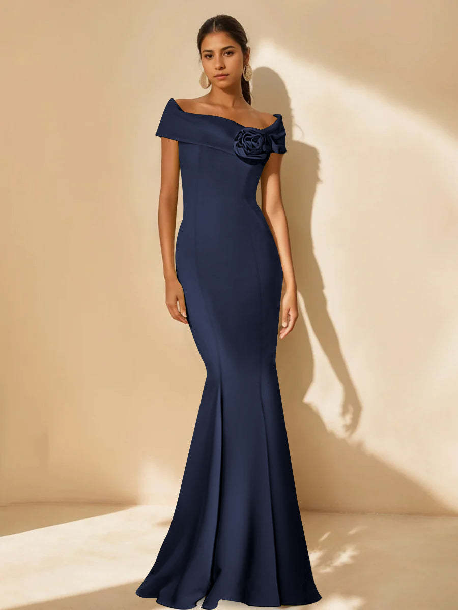 Minimalist Off-the-Shoulder Mother of the Bride Dresses in Trumpet/Mermaid Style with Detachable Flower-BMbridal