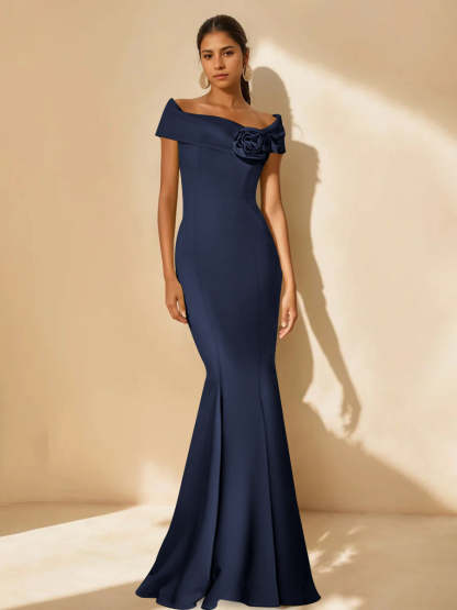 Minimalist Off-the-Shoulder Mother of the Bride Dresses in Trumpet/Mermaid Style with Detachable Flower-BMbridal