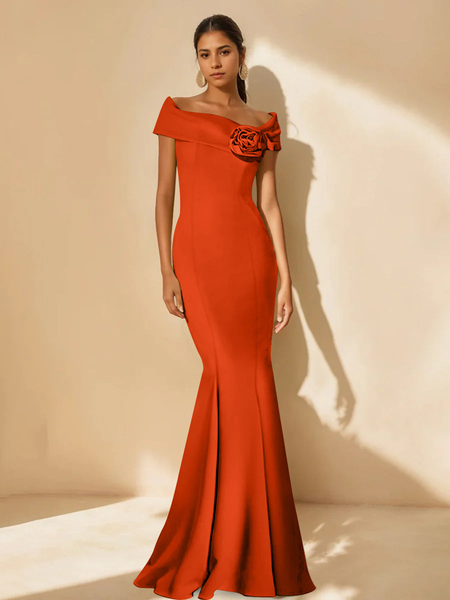 Minimalist Off-the-Shoulder Mother of the Bride Dresses in Trumpet/Mermaid Style with Detachable Flower-BMbridal