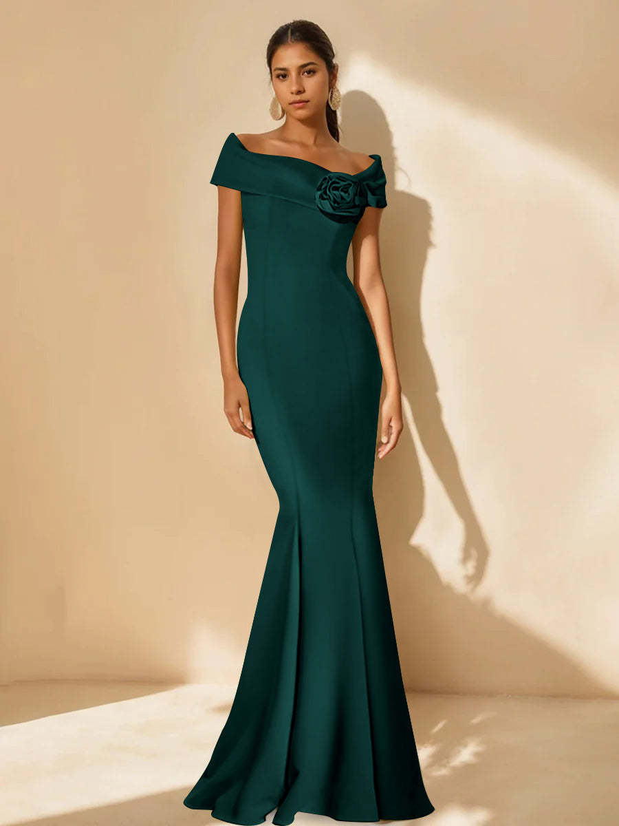 Minimalist Off-the-Shoulder Mother of the Bride Dresses in Trumpet/Mermaid Style with Detachable Flower-BMbridal
