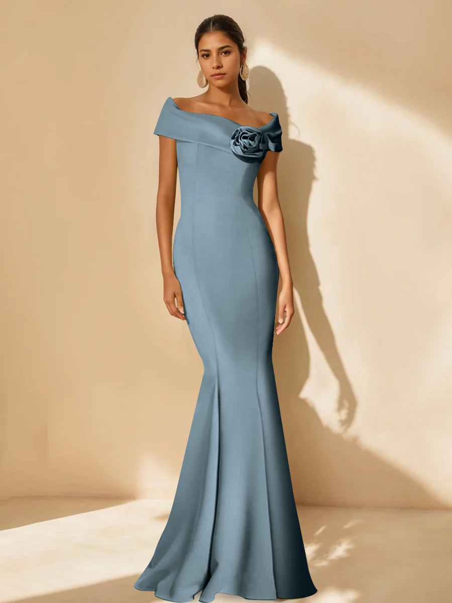 Minimalist Off-the-Shoulder Mother of the Bride Dresses in Trumpet/Mermaid Style with Detachable Flower-BMbridal
