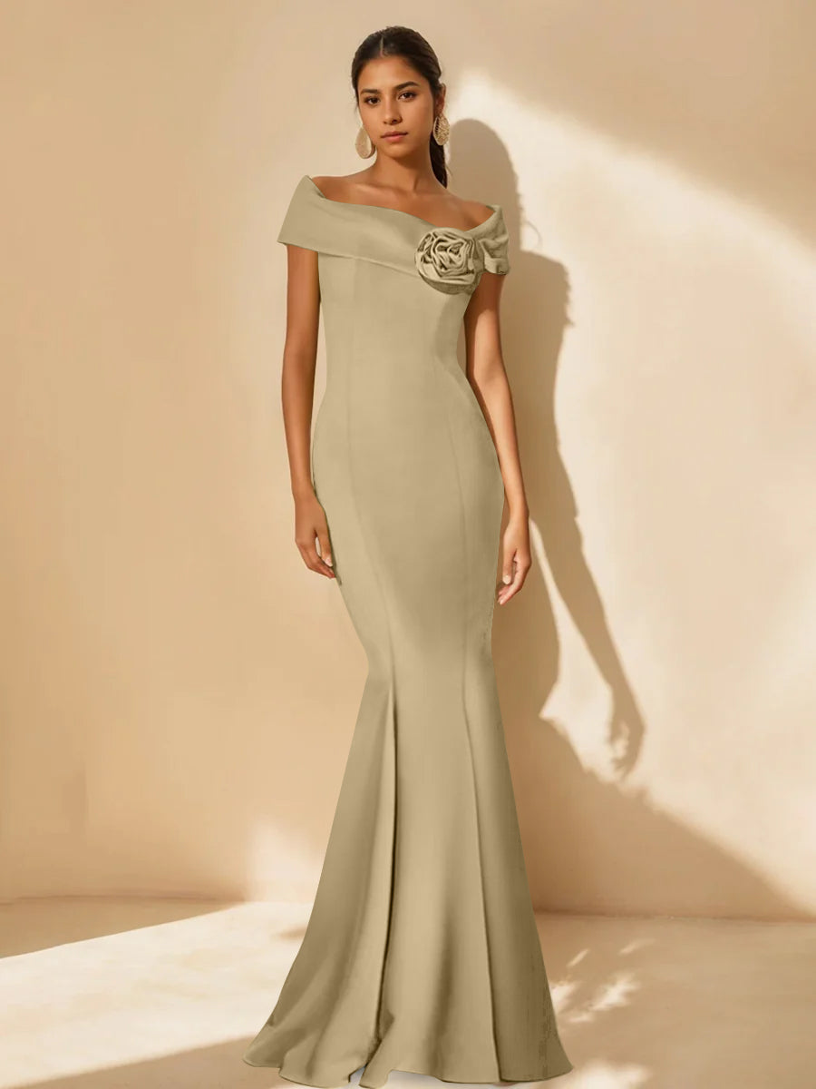 Minimalist Off-the-Shoulder Mother of the Bride Dresses in Trumpet/Mermaid Style with Detachable Flower-BMbridal